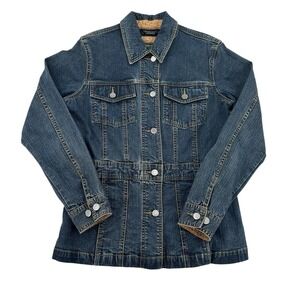 Eddie Bauer Womens Blue Stretch Denim Jacket Dark Wash Button Front Size S Biker